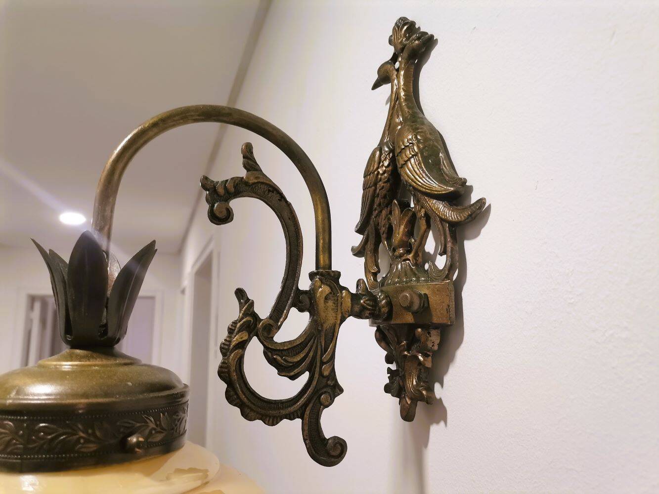 Art Deco iridescent glass and cast iron birds wall lamp 1940s