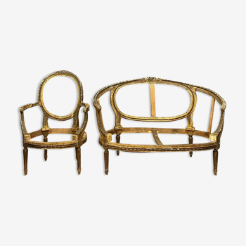 Ossatures de banquette et fauteuil Louis XVI corbeille en bois doré et laqué