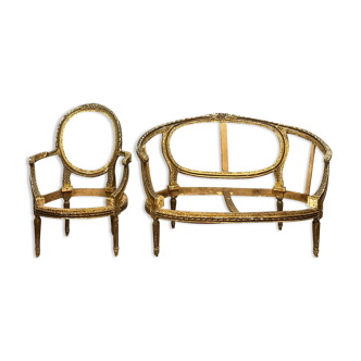 Frames of bench and armchair Louis XVI basket in gilded and lacquered wood