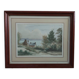 Watercolor framed and under glass signed B.Lavenan Breton Painter Made In France