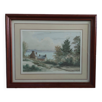 Framed watercolour under glass signed B. Lavenan Breton Painter Made In France
