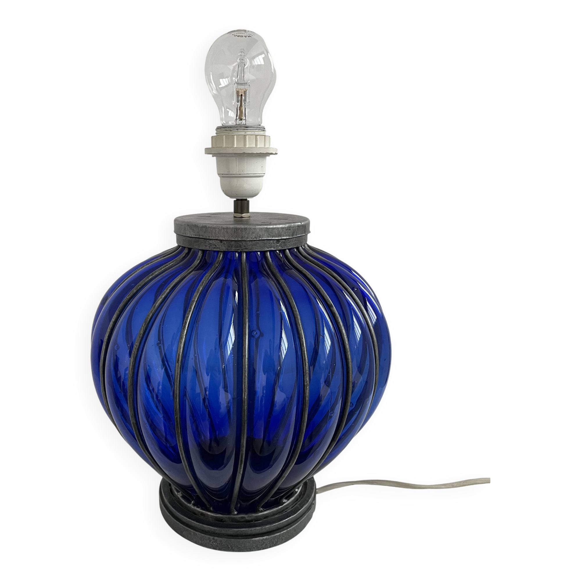 Vintage, blown glass lamp base, cobalt blue, silver metal frame, designer lamp, chic