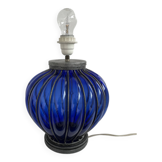 Vintage, blown glass lamp base, cobalt blue, silver metal frame, designer lamp, chic
