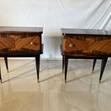 Pair of vintage bedside tables in marquetry wood – revisited Art Deco style