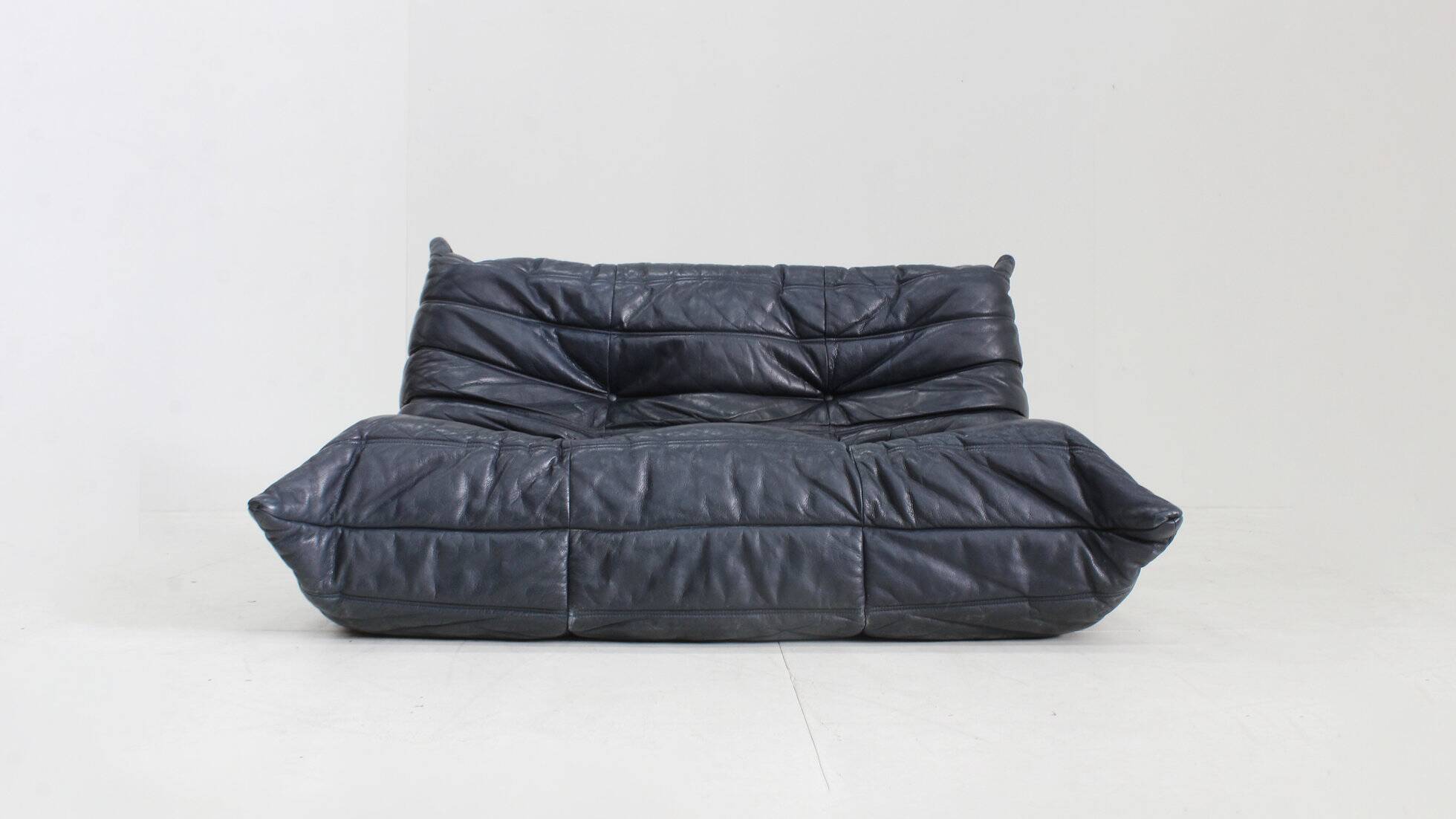 Vintage Togo Ligne Roset 2 seater sofa blue leather by Michel Ducaroy 1990s
