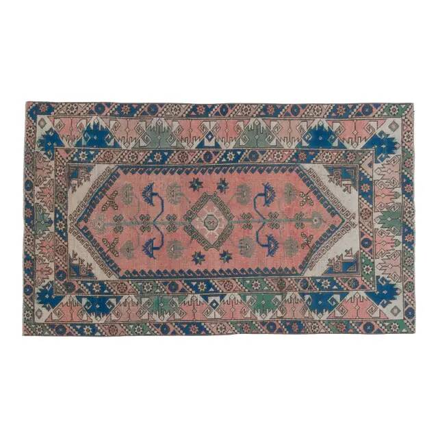 1970s Vintage Turkish Handmade Wool & Cotton Pink Area Rug