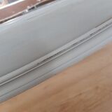 Artisanal double cannage bed, bench, pearl gray patina.