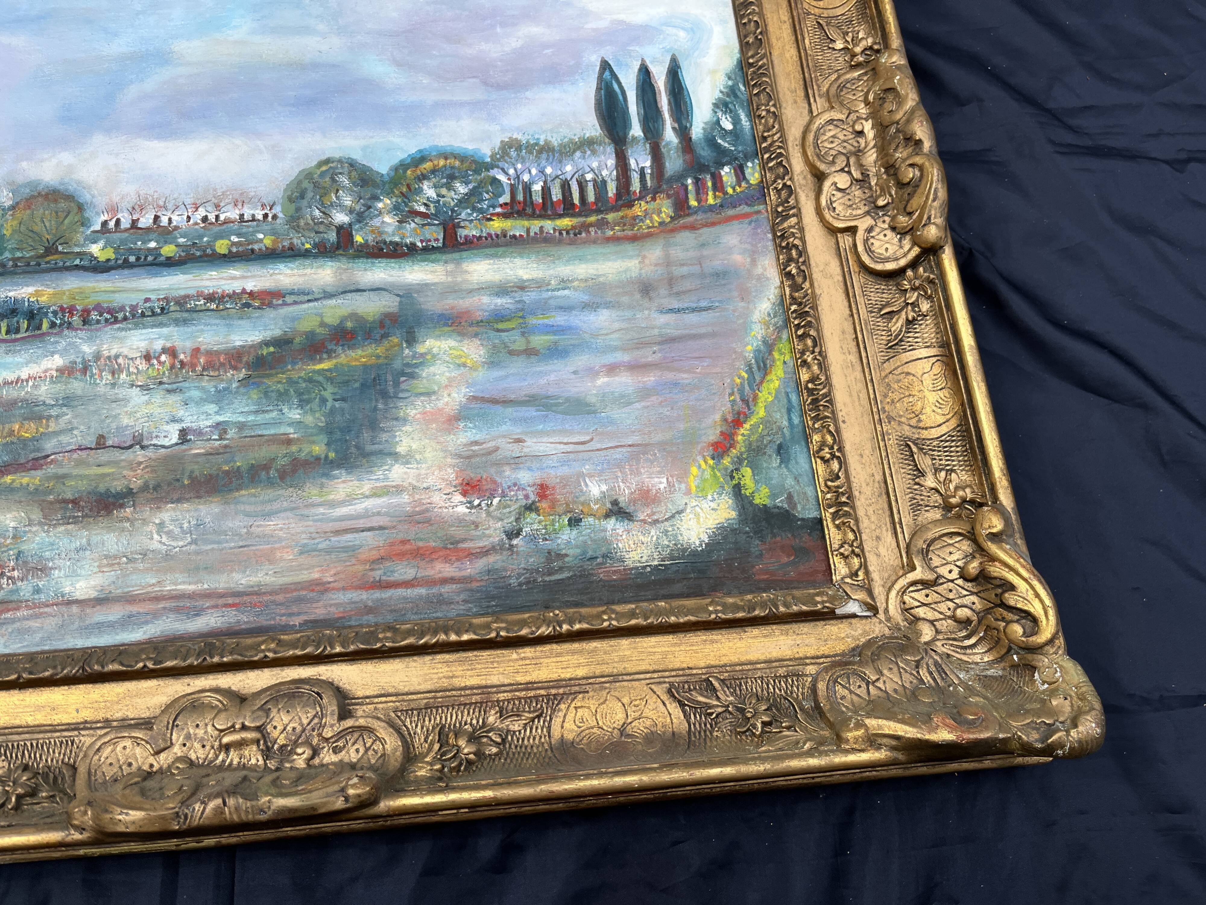 Very beautiful painting Landscape with reflections – M. de Moran 1996 with a 19th century frame