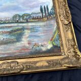 Very beautiful painting Landscape with reflections – M. de Moran 1996 with a 19th century frame