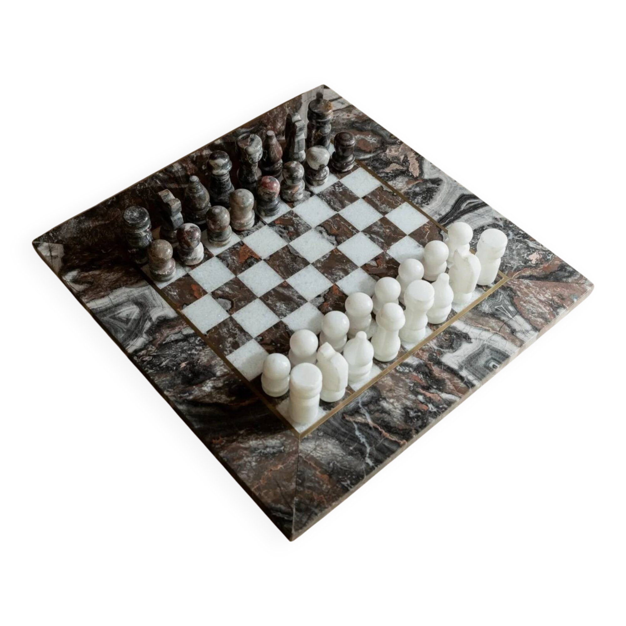 Vintage Marble Chess Set in Grey and Pink Stone – Hand-Carved Pieces, 31x31 cm Board, 1960s Italian Design