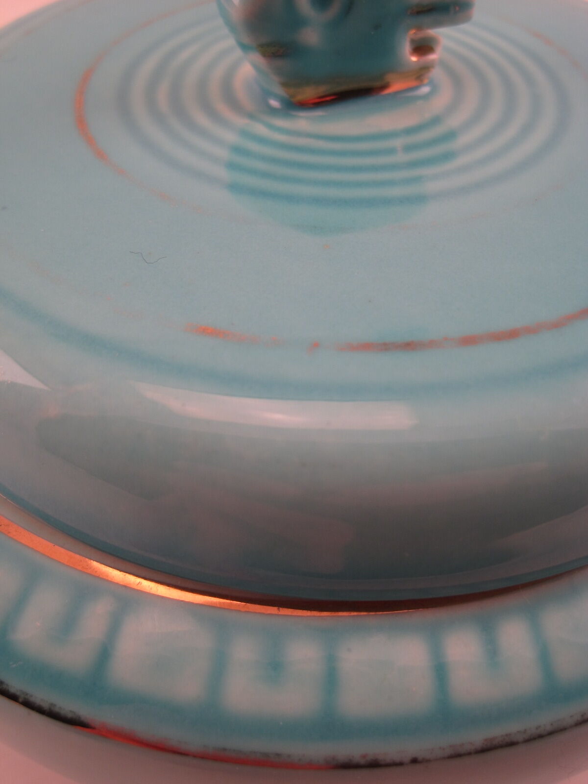 Turquoise blue earthenware candy box decorating stylized frieze fish Art Deco