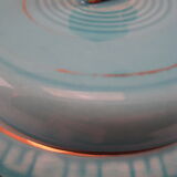 Turquoise blue earthenware candy box decorating stylized frieze fish Art Deco