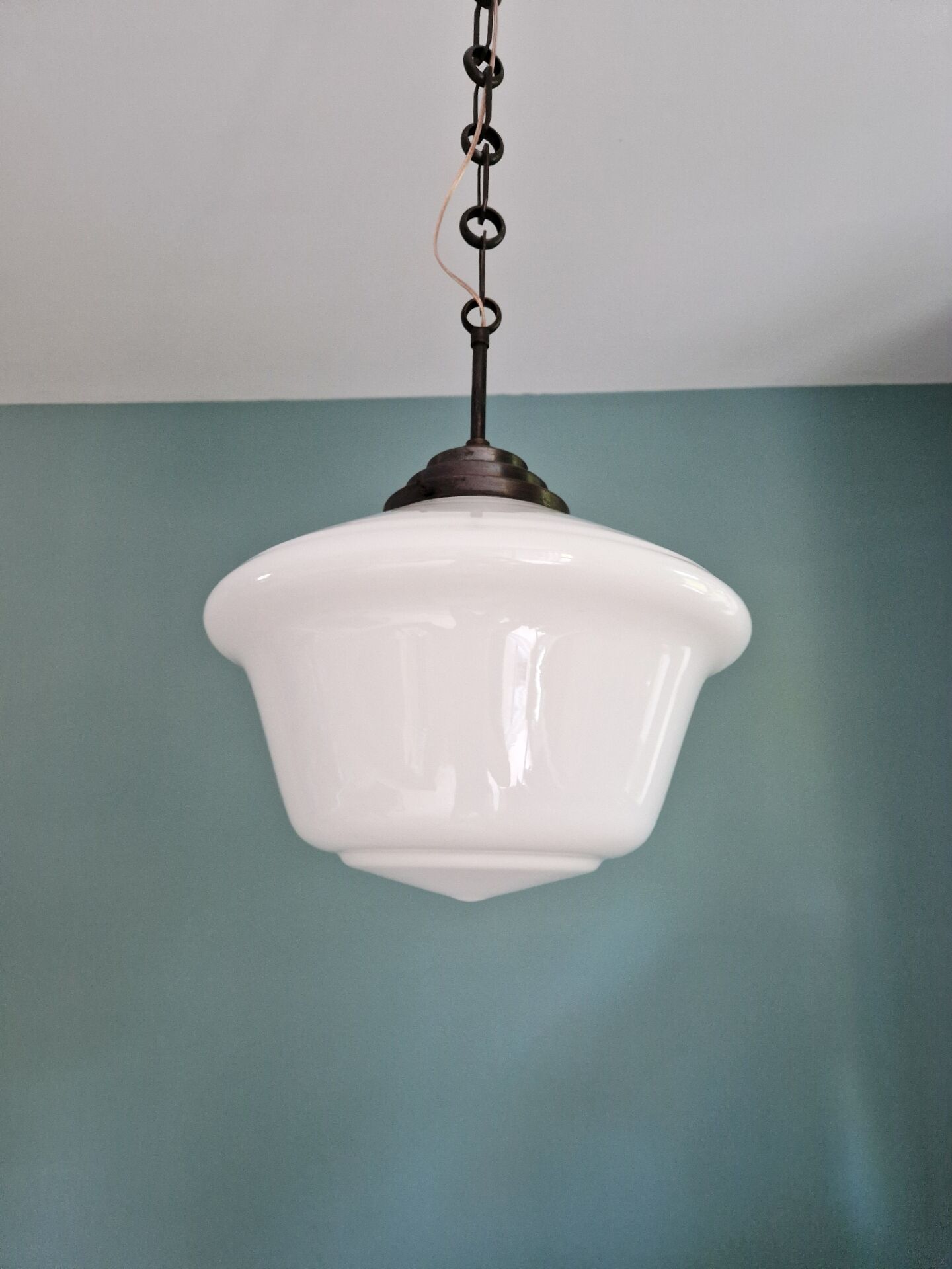Large Art Deco pendant light in white opaline, 1930.