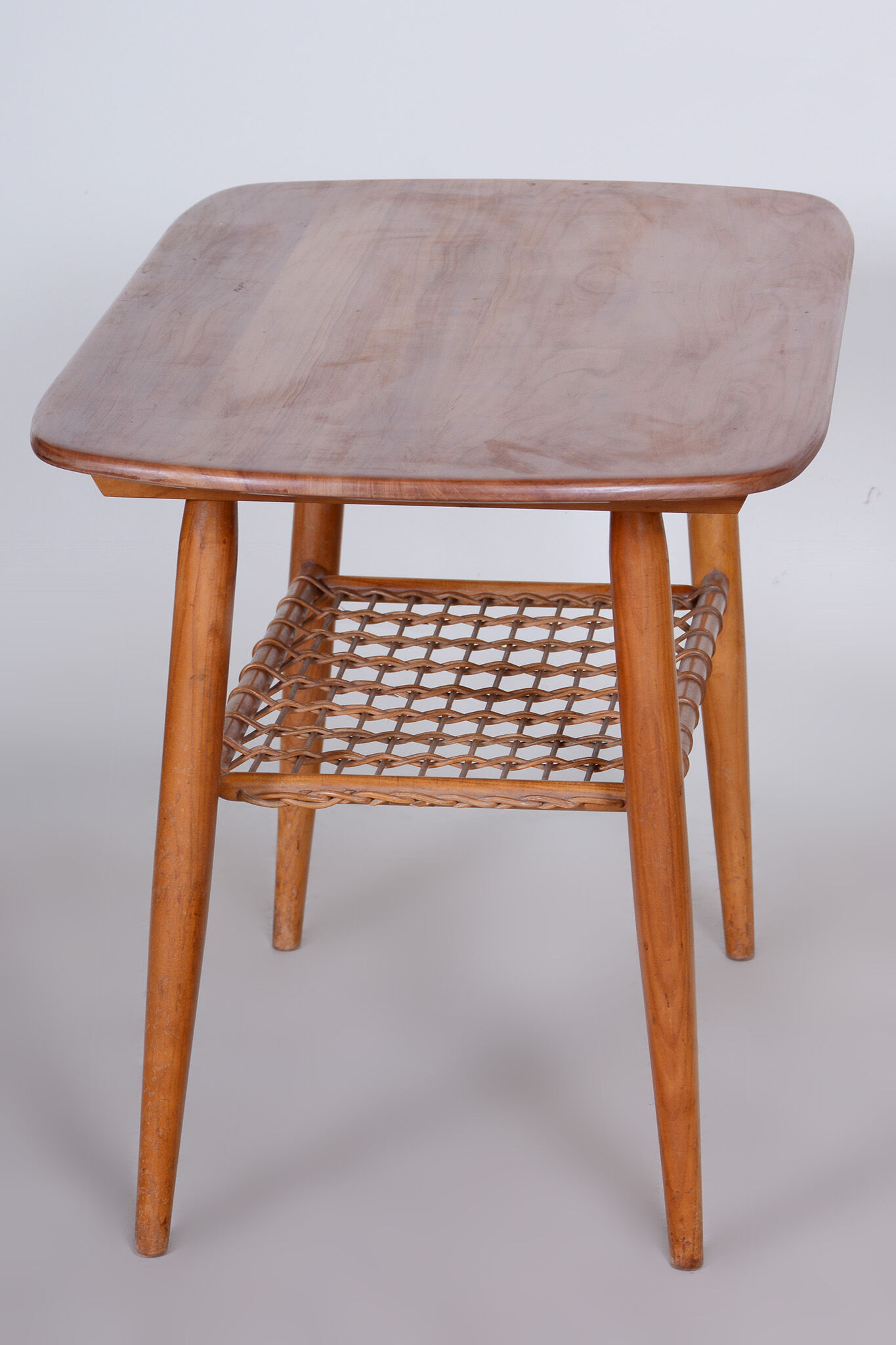 Restored Mid-Century Style Coffee Table, Cherry-Tree, Rattan, 1950s, Czechia