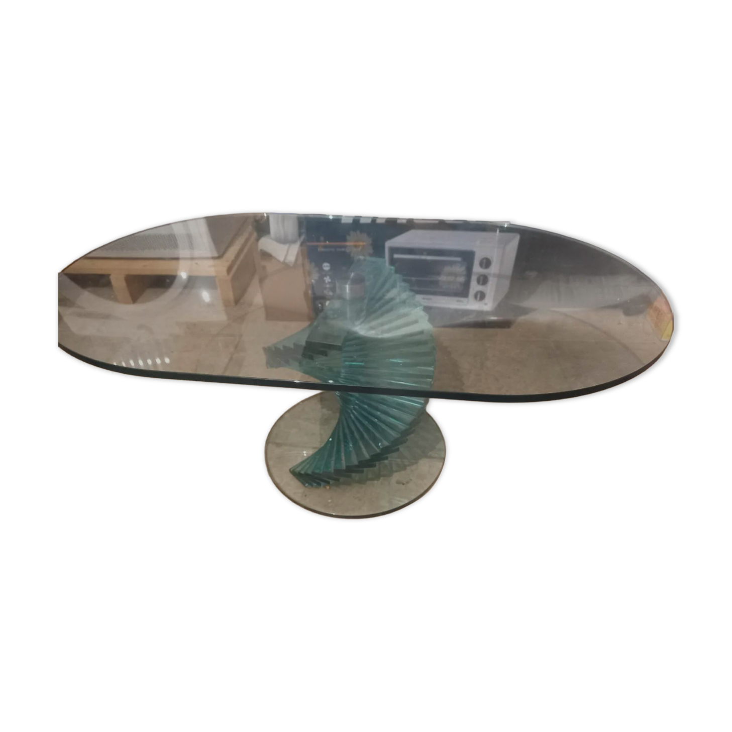 90s Sculptural Glass Coffee Table - Aqua Spiral Base