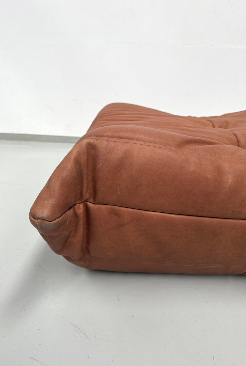 French Togo ottoman in cognac neck leather attributed to Michel Ducaroy for Ligne Roset