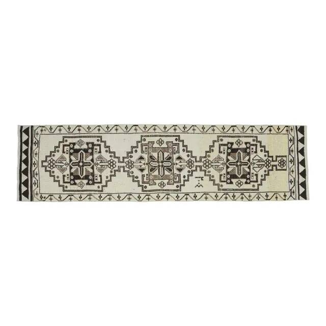 1970s Vintage Turkish Handmade Wool & Cotton Beige Runner Rug 96x361