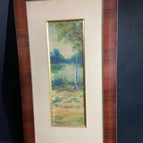 Large watercolor from the early 20th century, signed landscape of a wooded river bank
