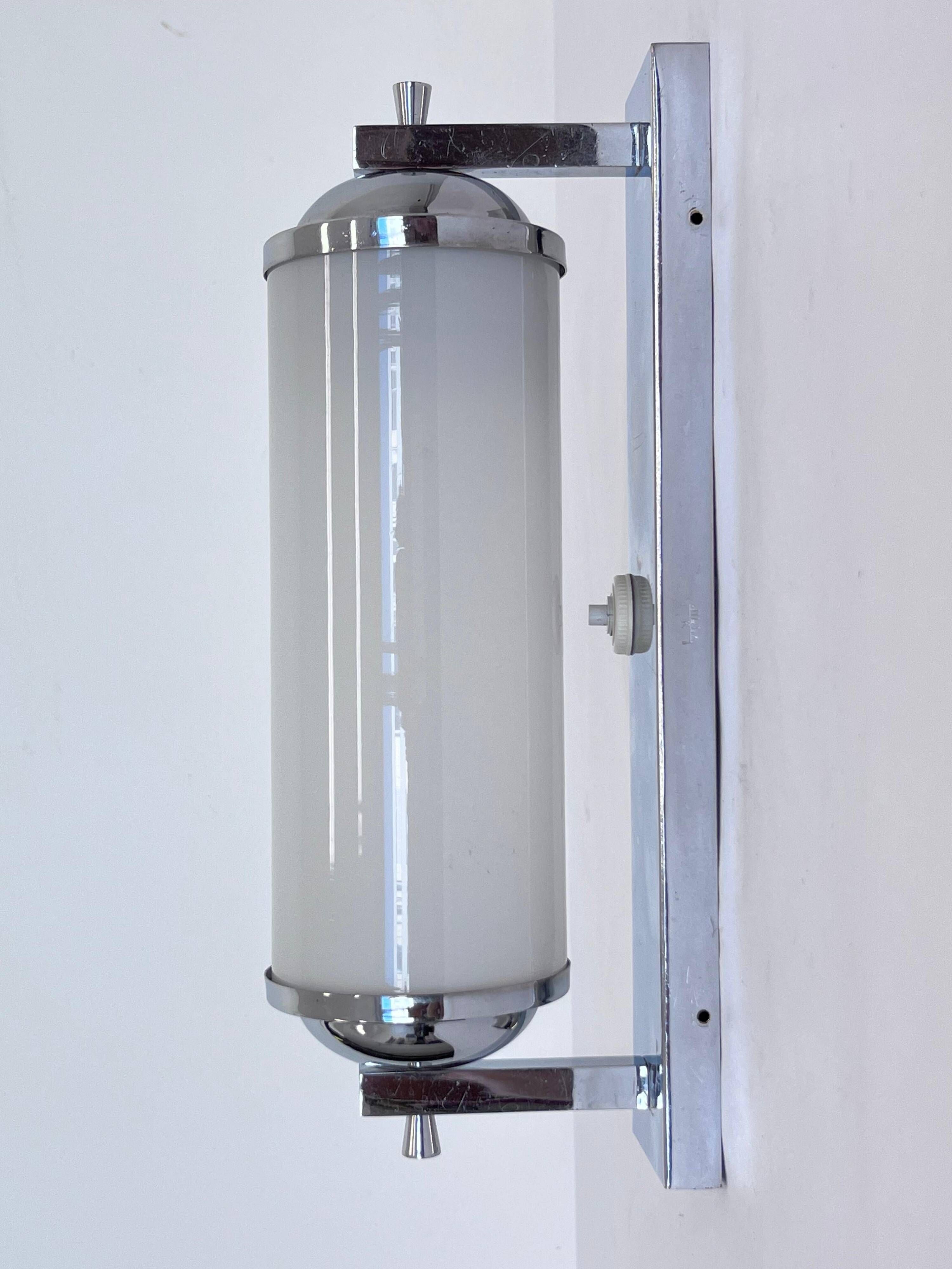 Large Bauhaus Wall Sconce in Chrome and Opaline Glass, 1930s – Czechoslovakia, Marked