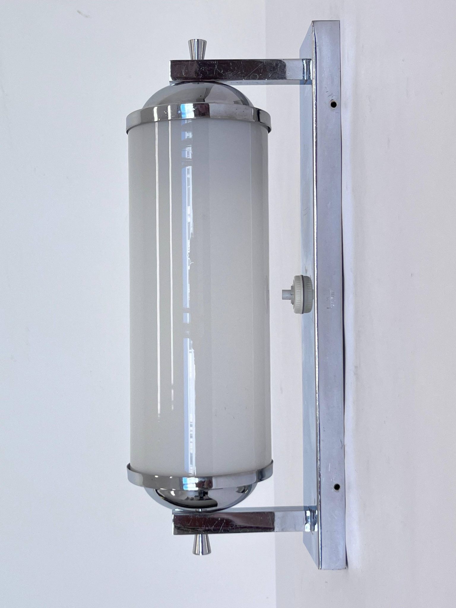 Large Bauhaus Wall Sconce in Chrome and Opaline Glass, 1930s – Czechoslovakia, Marked