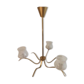 Lustre 3 feux vintage doré et verre imprimé blanc