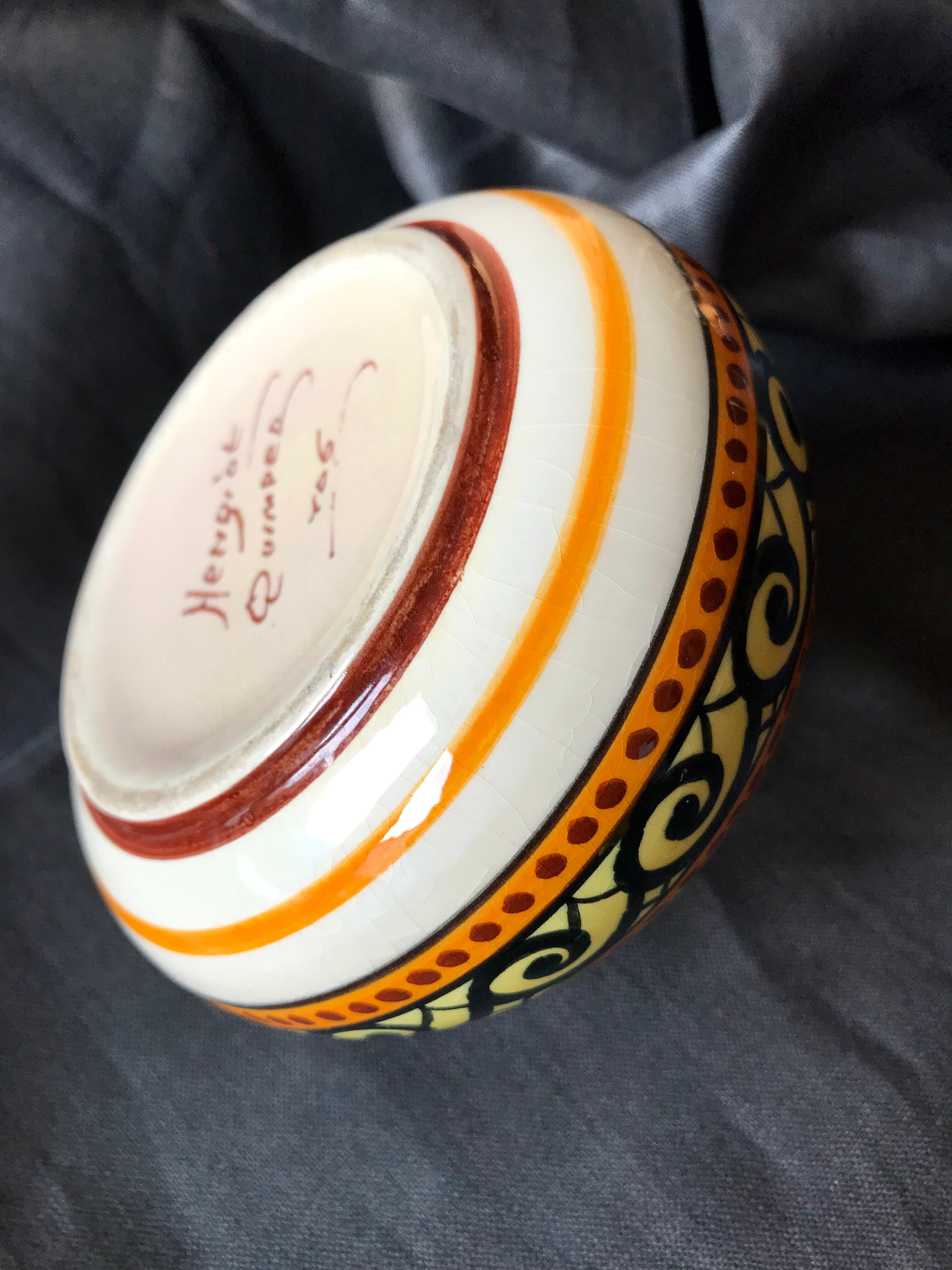 Quimper Henriot spinning top ball vase vintage soliflore art deco 1930 1940 celtic patterns orange black