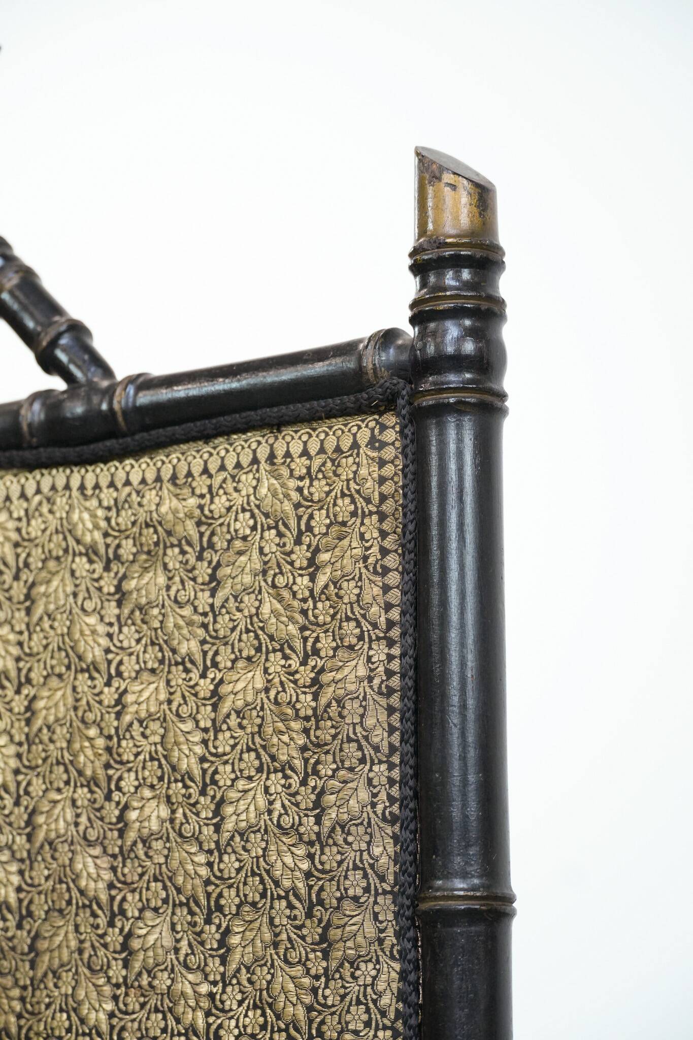 Antique French faux bamboo firescreen with luxurious fabric