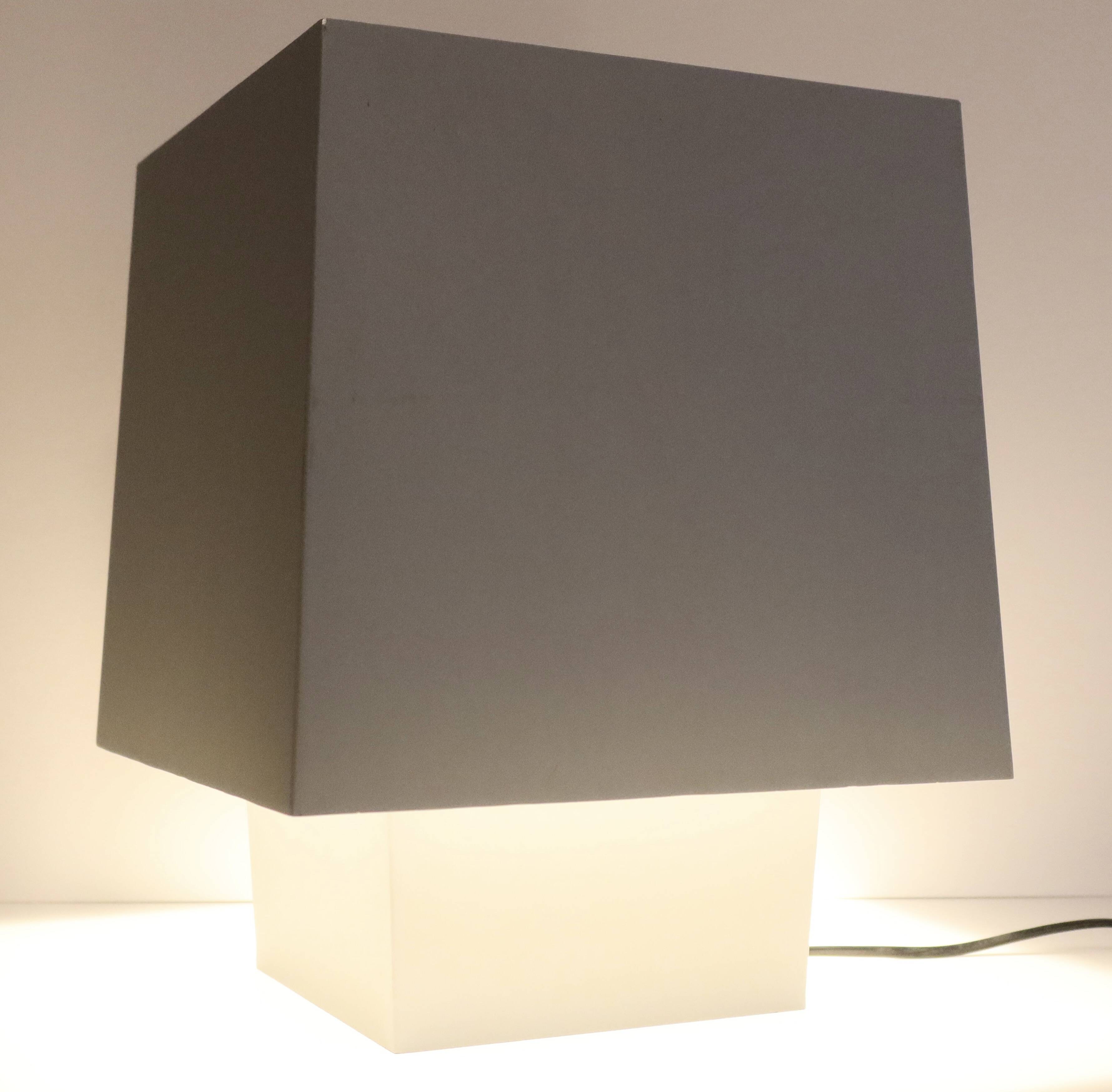 Grey metal cubic design lamp, coloured filters and Japanese signature.