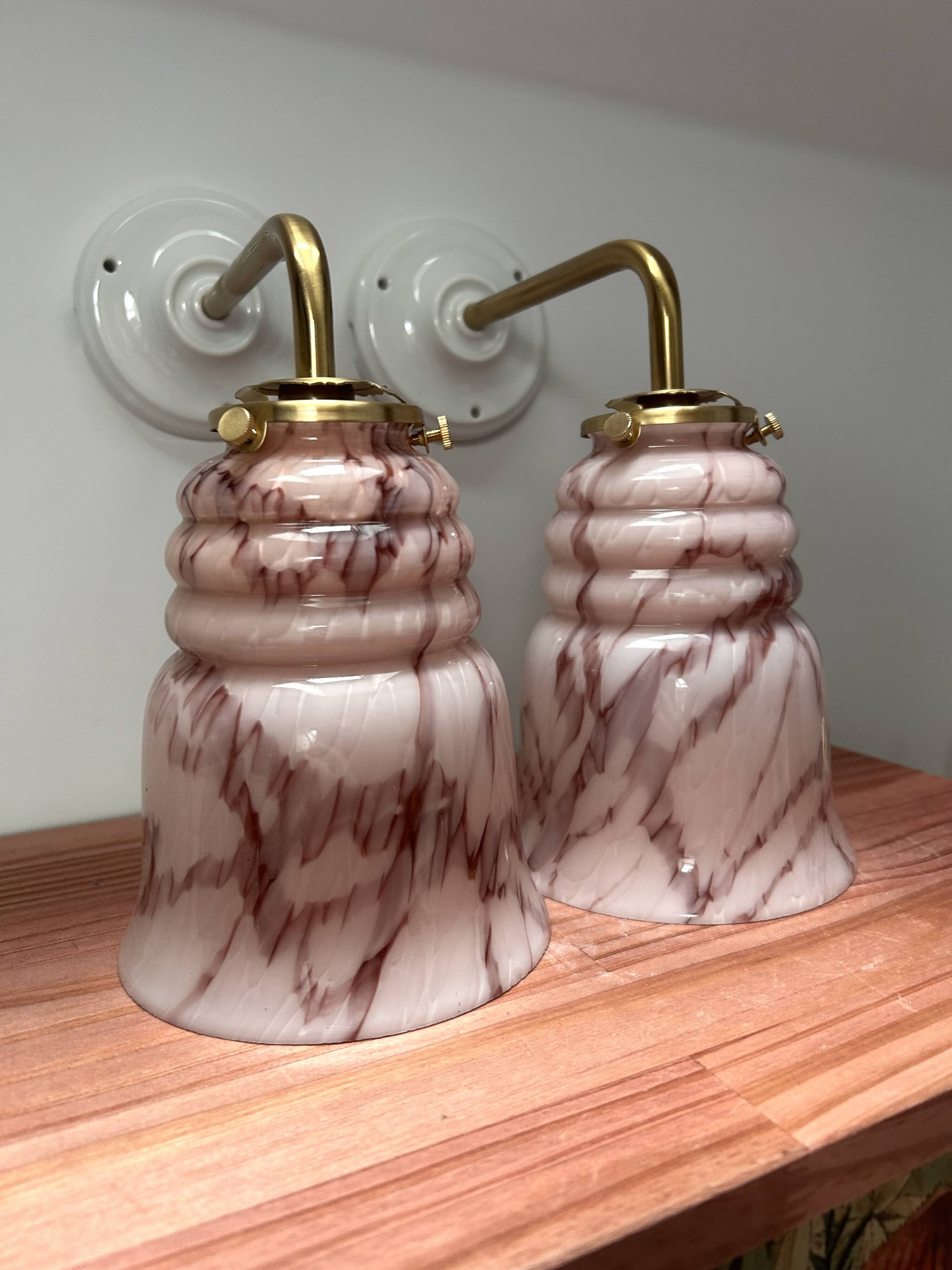 Pair of marbled pink opaline wall lights