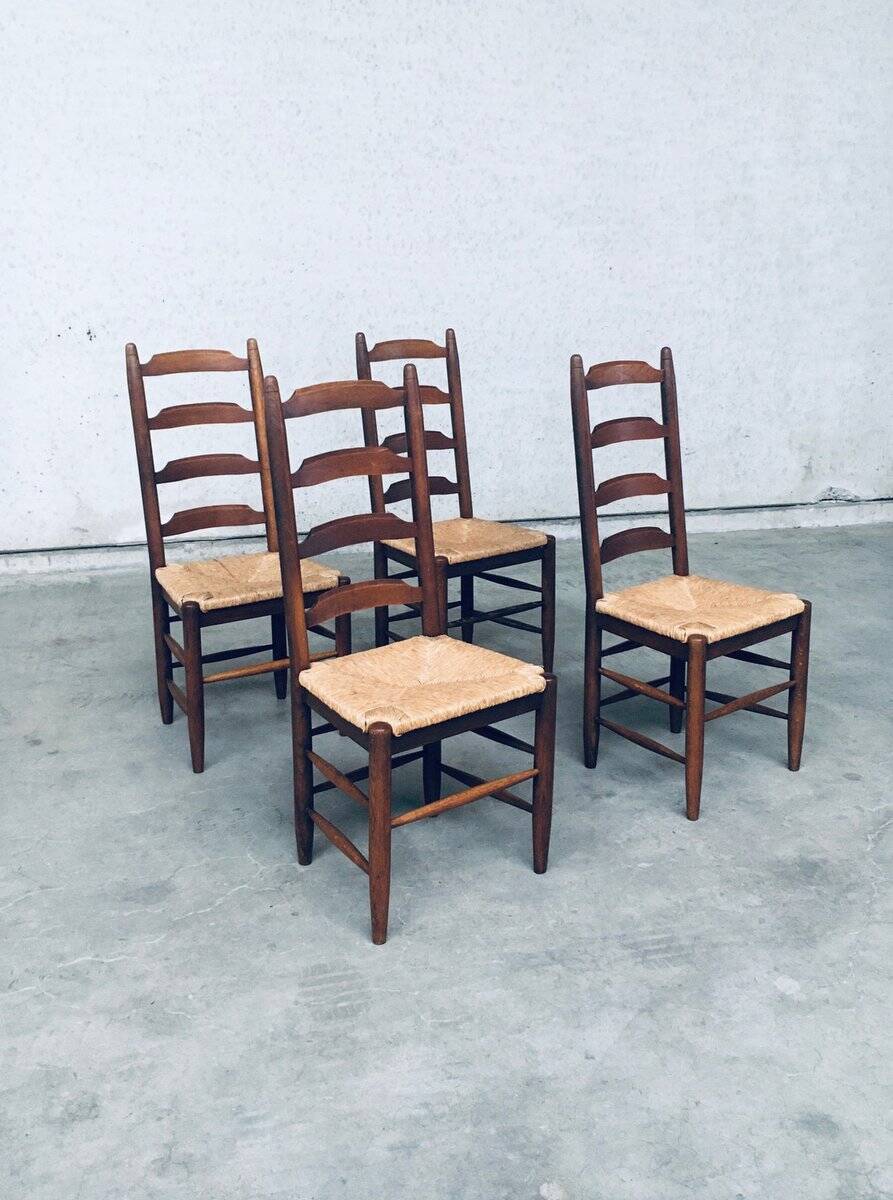Rustic Ladder Back Oak and Rush Dining Chairs, 1960s, Set of 4