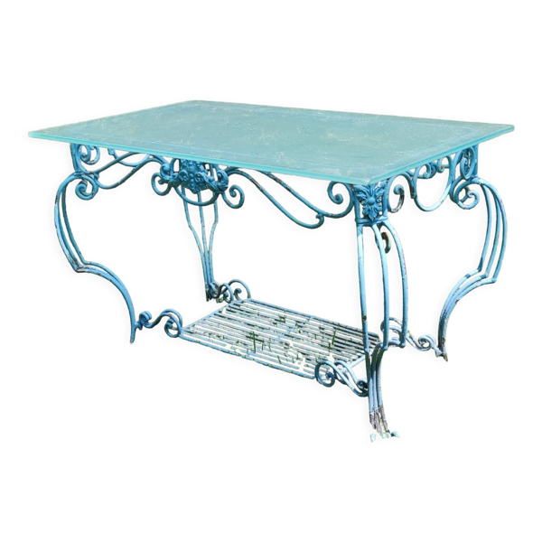 Ancienne table console fer forgé et verre