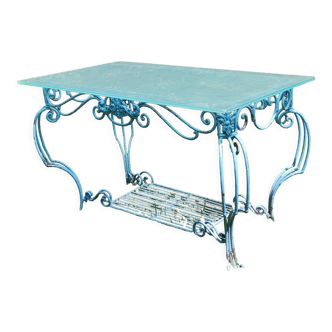 Ancienne table console fer forgé et verre