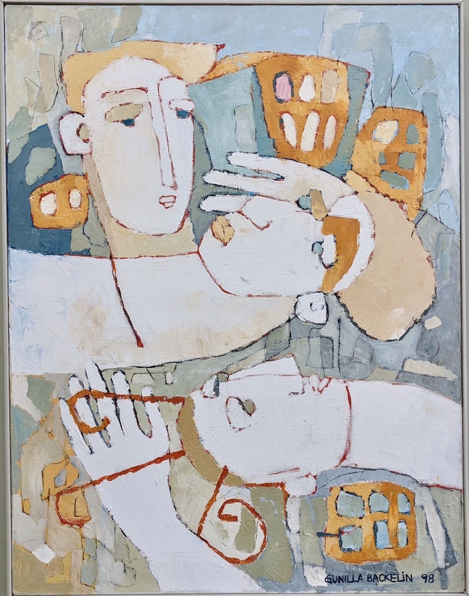 1998 "The Trio" Modernist Style Swedish Expressionist Portrait Oil Painting, Framed