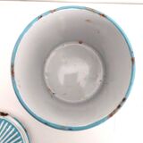 Old Spice Pot SUCRE in blue and white enamelled sheet metal with stripes + a garland of roses