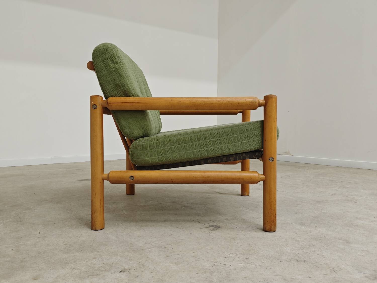 Pair of chalet style armchairs in green fabric