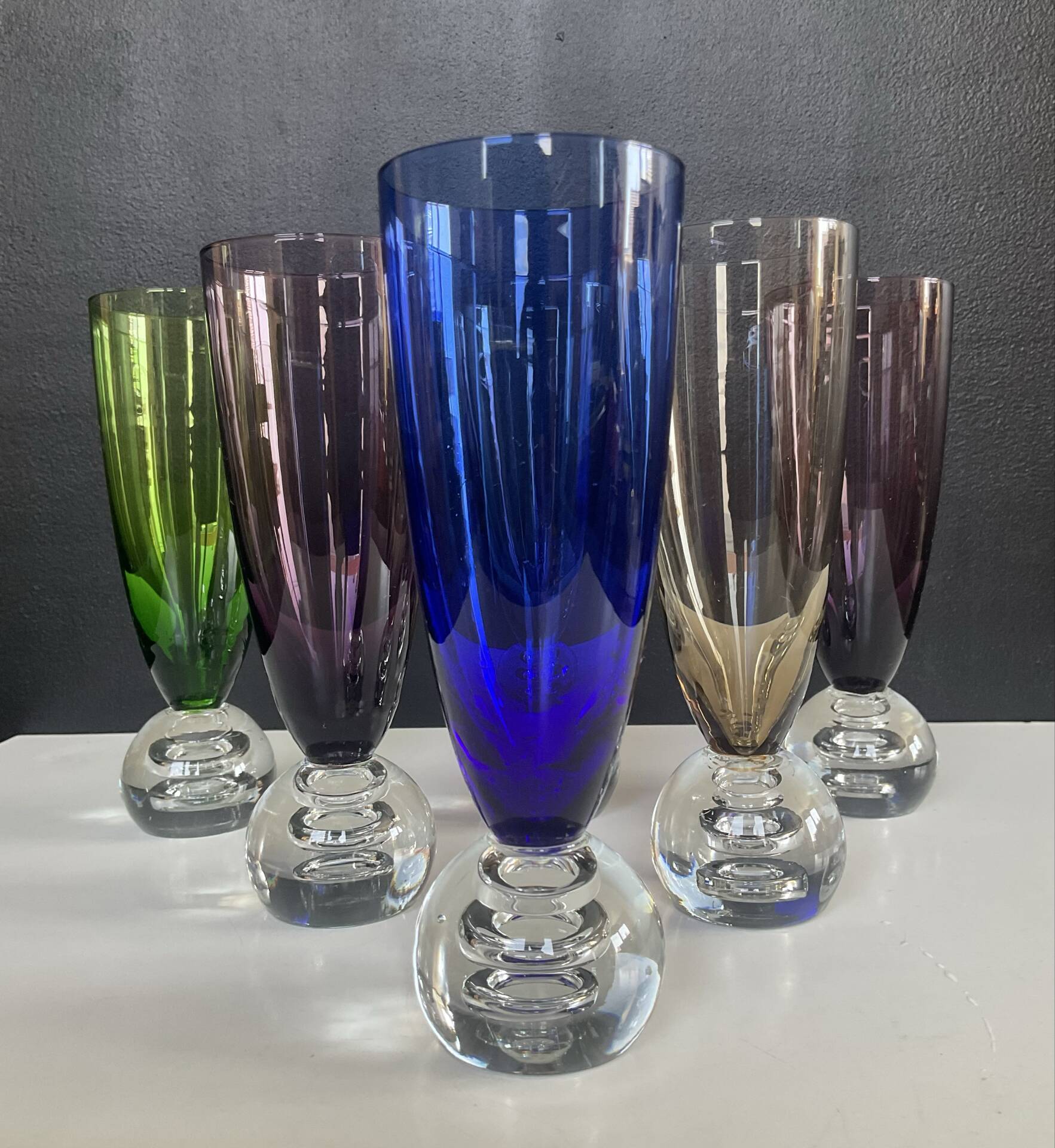 Set of 6 vintage coloured glass champagne coupes