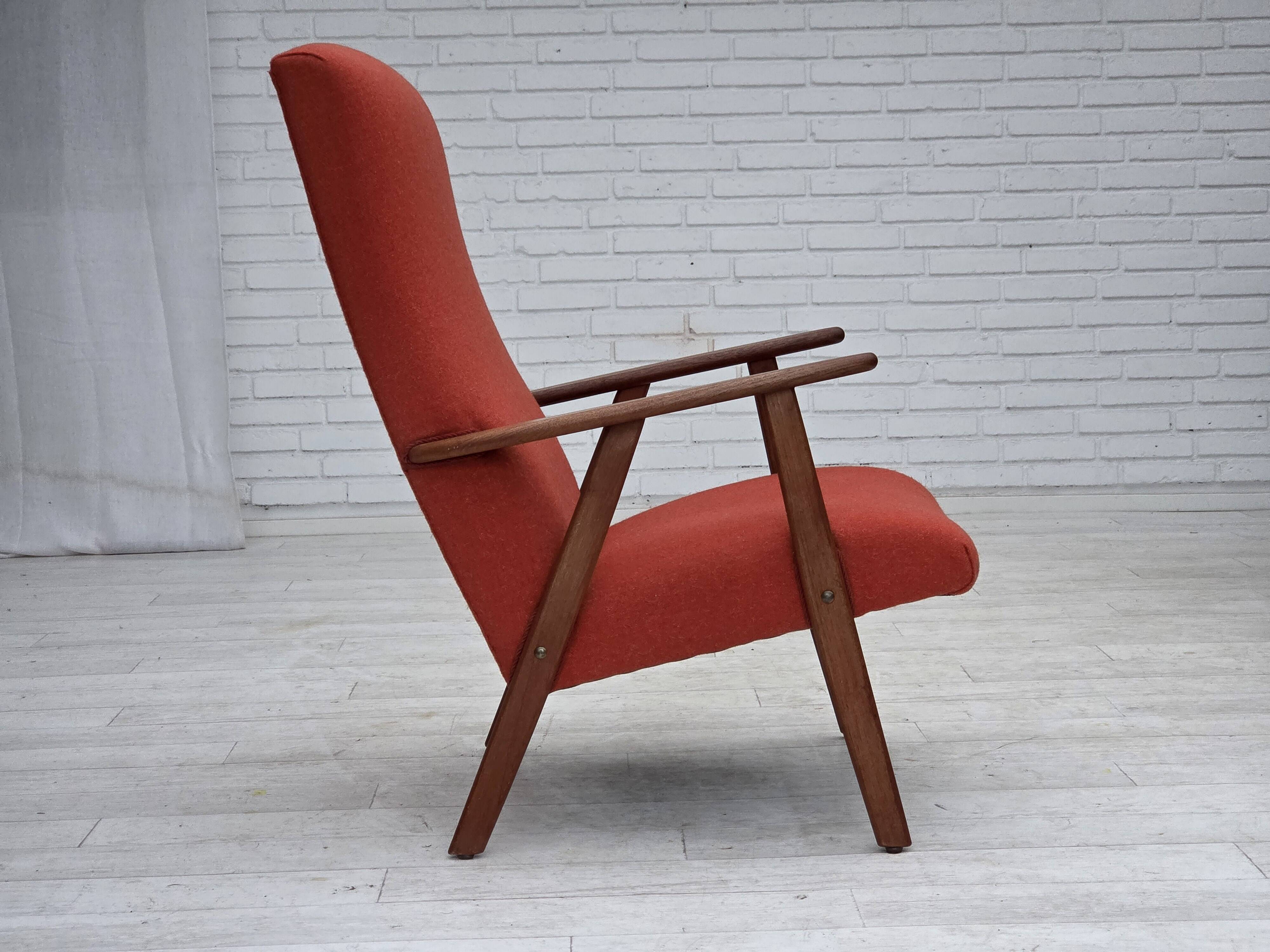 1970s, Danish highback armchair, furniture wool, teak wood, oak wood.