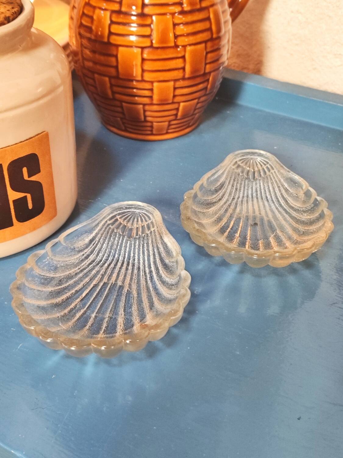 Vintage 1970s Portieux crystal scallop shell dishes.