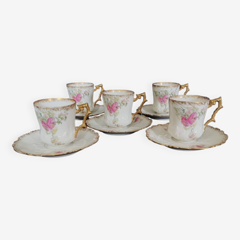 Série de cinq tasses à café en porcelaine E. Bourgeois Paris grand dépôt 1900