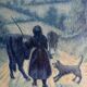 Oil on canvas by Bernard XXe representing a farmer's wife on a path