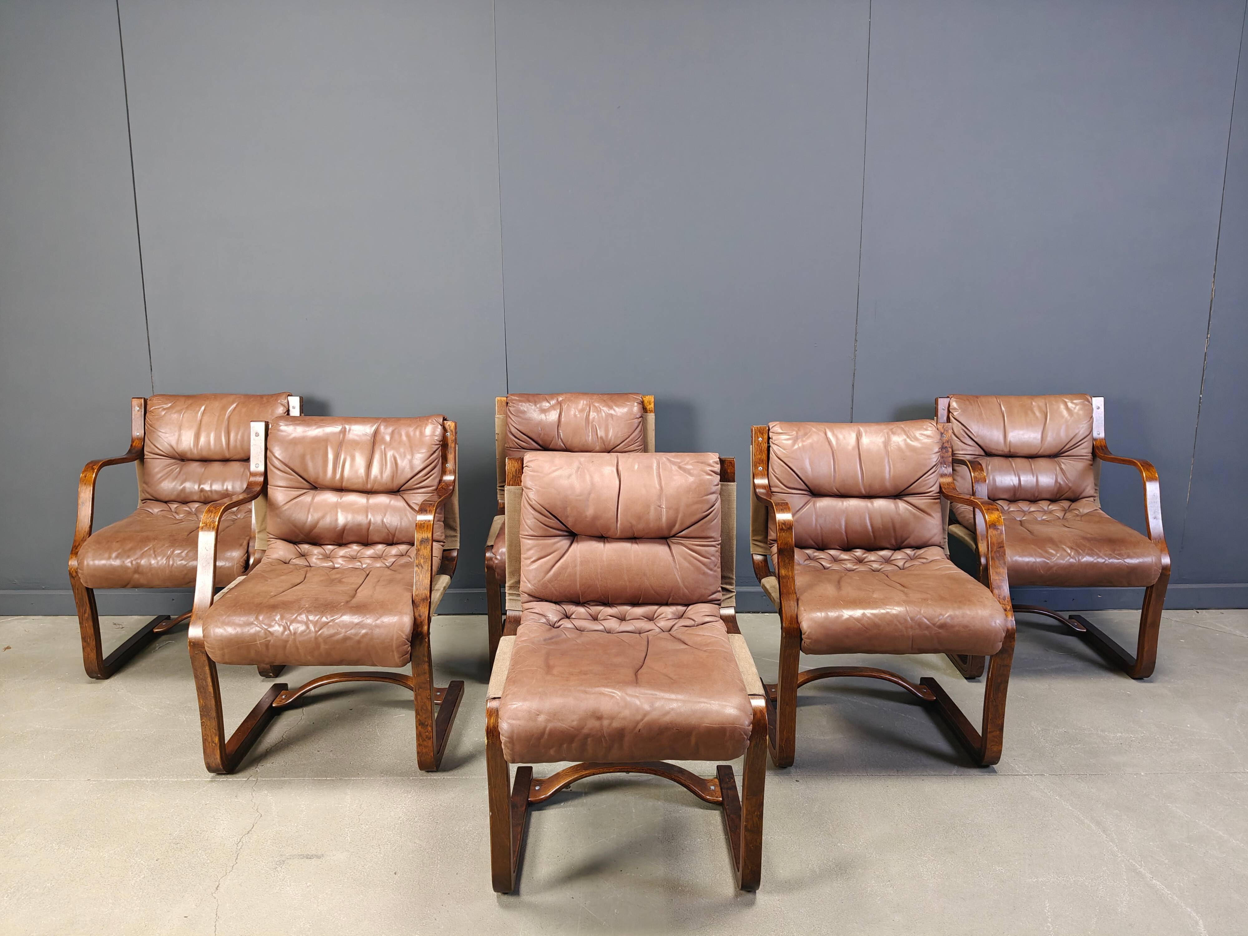 Asko Pajamies vintage leather plywood chairs from Finland, set of 6 - 1970s