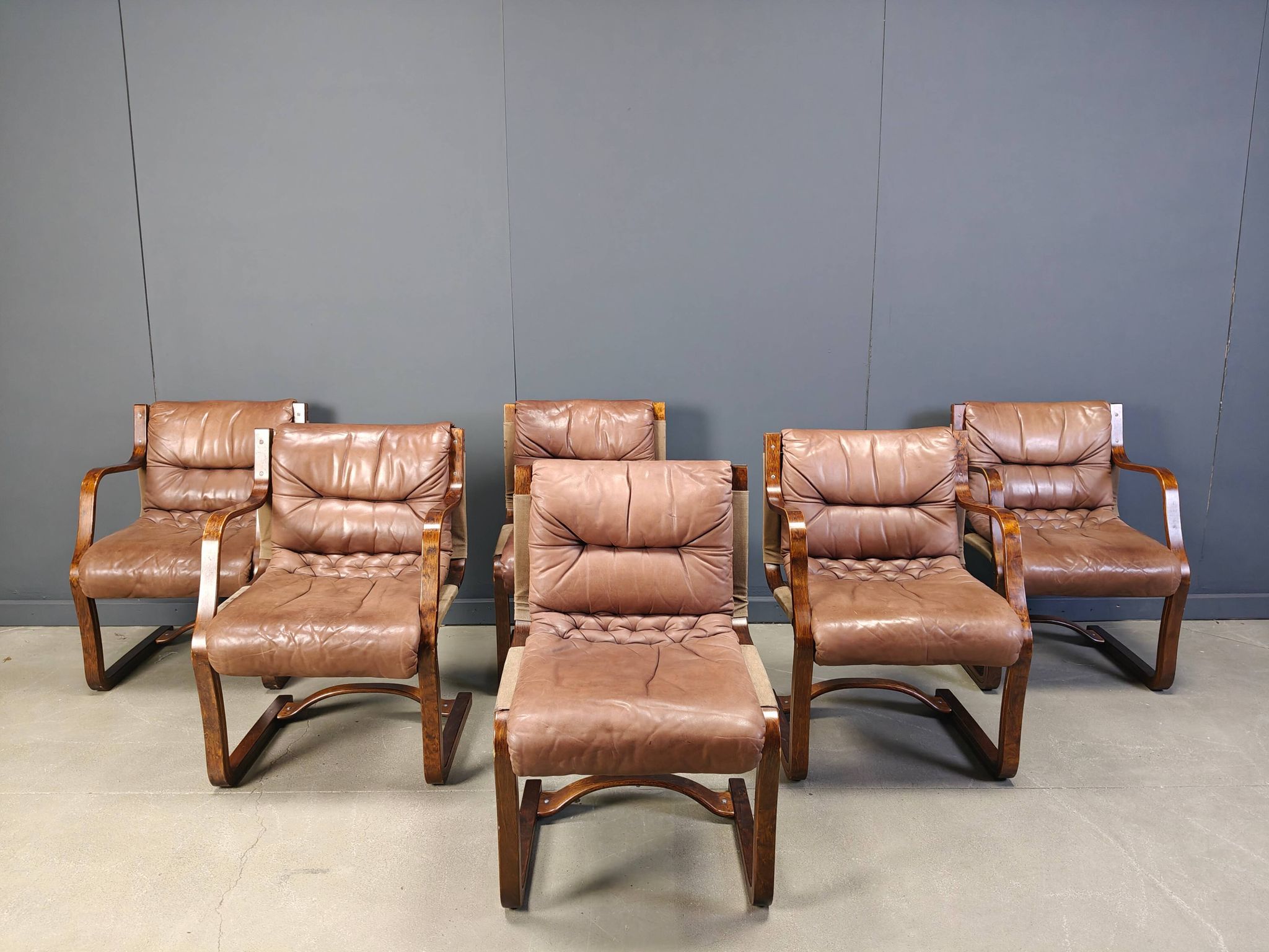 Asko Pajamies vintage leather plywood chairs from Finland, set of 6 - 1970s