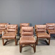 Asko Pajamies vintage leather plywood chairs from Finland, set of 6 - 1970s