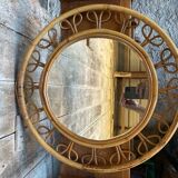 Ancien Miroir en Rotin Bambou Années 50 Vintage