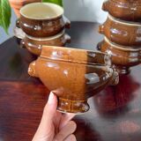 6 vintage Emile Henry lion's head onion soup bowls in ceramic - brown, made in France.