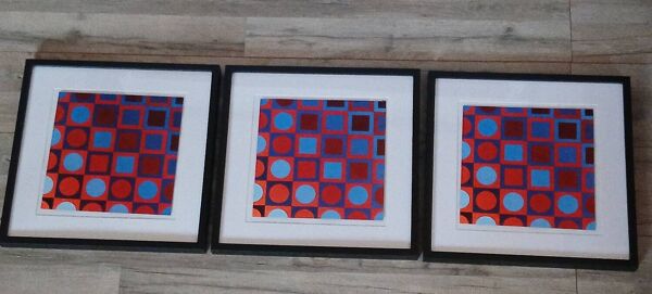 Trio Tableaux Vintage Art Optique - Victor Vasarely - Cadres 40x40cm