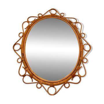 Miroir français circulaire en forme de soleil en rotin avec des nœuds, années 50