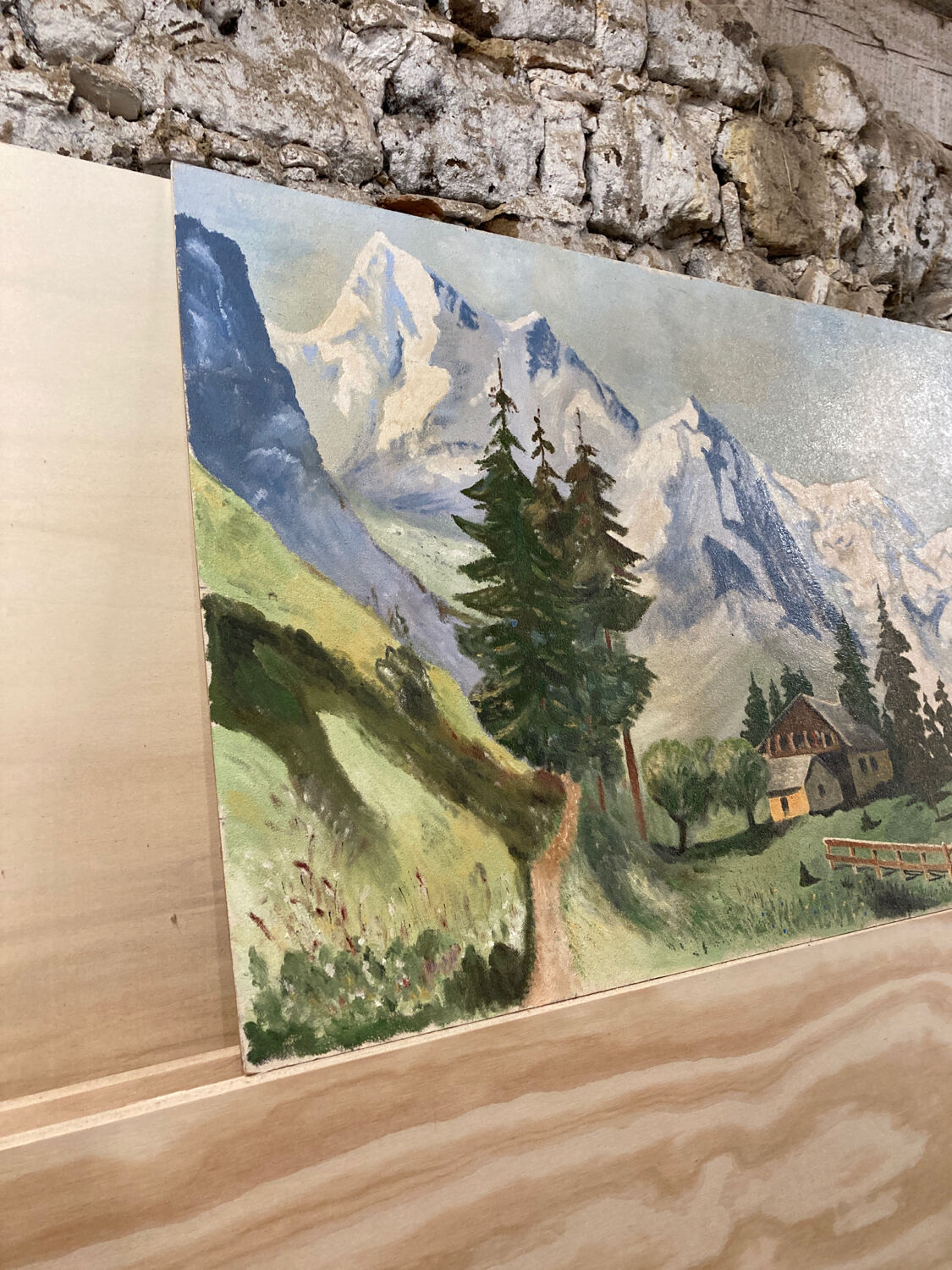 Large chalet mountain landscape oil on panel / old painting