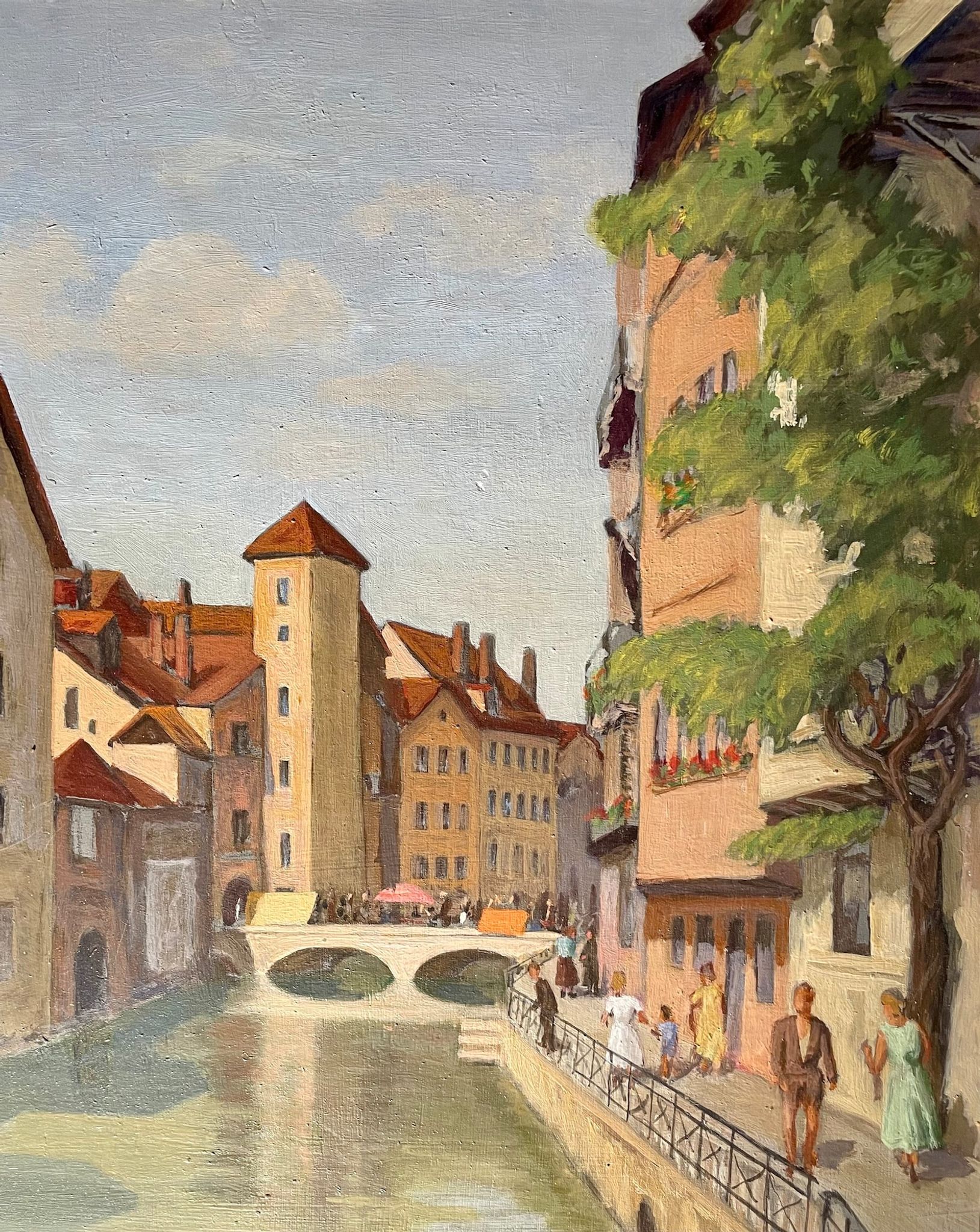 1940s French oil painting on wood. Cityscape