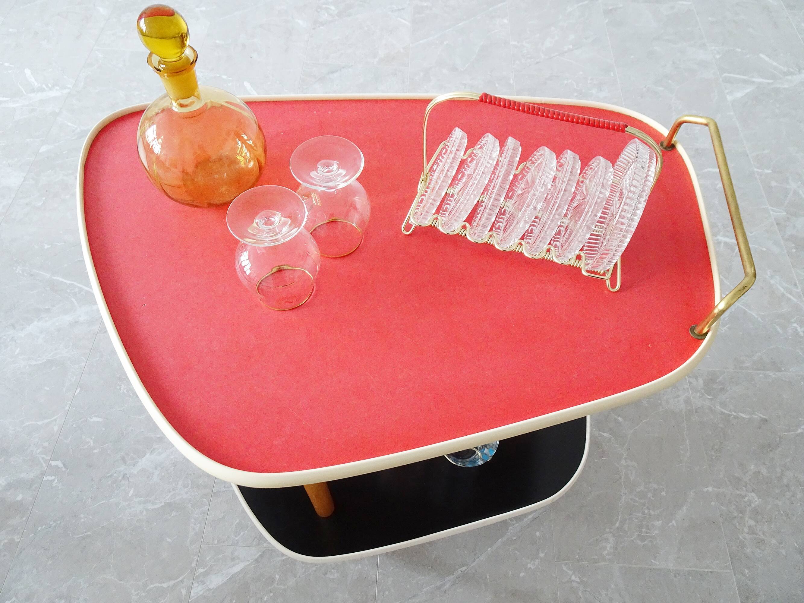 Glass coasters in stand, eight piece bar set, mid century bar accessories